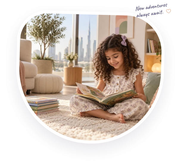 Child reading a book in a bright home